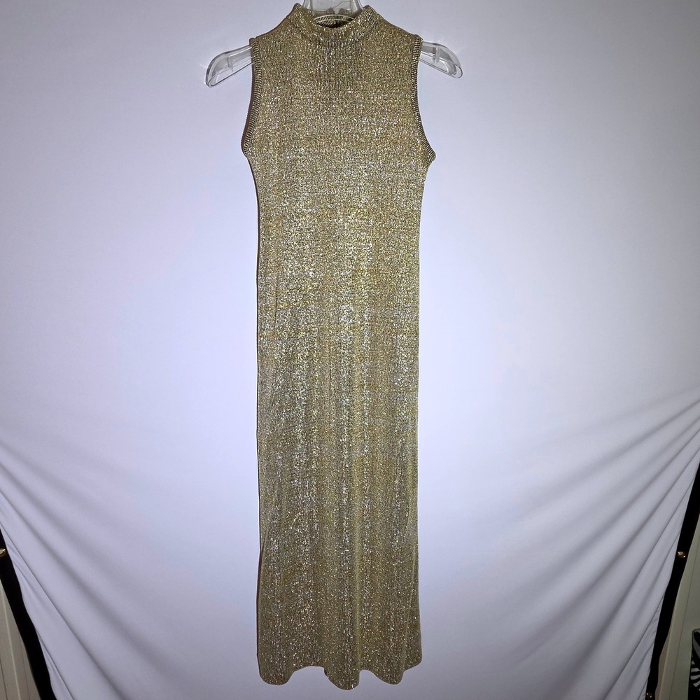Leslie Fay Maxi Dress Small Gold‎ Silver Vintage Shimmer Sleeveless Mock Neck